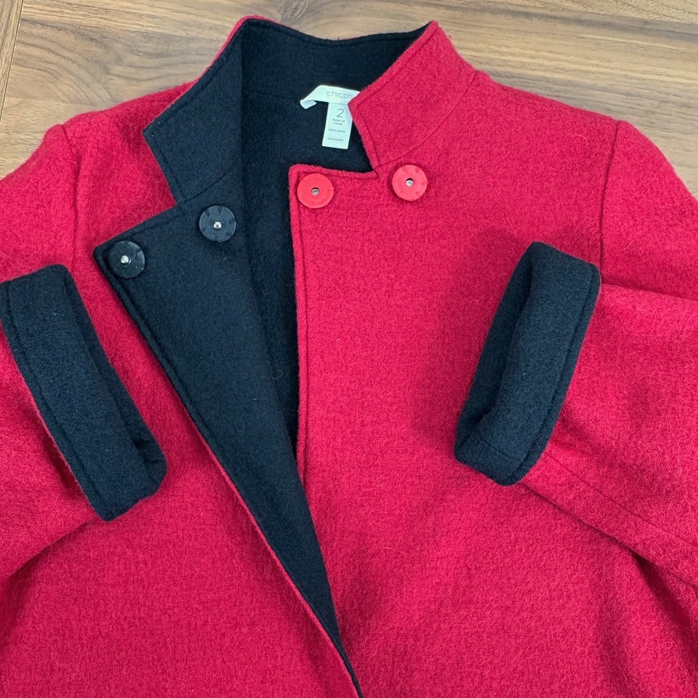 Chicos Red Black Reversible 100% Wool Mandarin Collar Jacket Blazer Sz 2/US 12